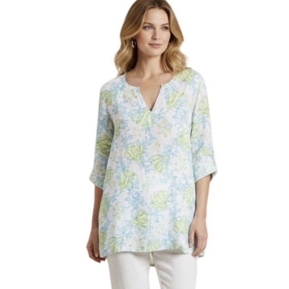 J. Jill Love Linen Tunic Womens Large Blue Green Ocean Turtle 3/4 Sleeve Top
